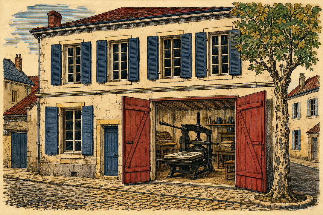 Maison d'imprimerie imagée, volets et presse visible par la porte
