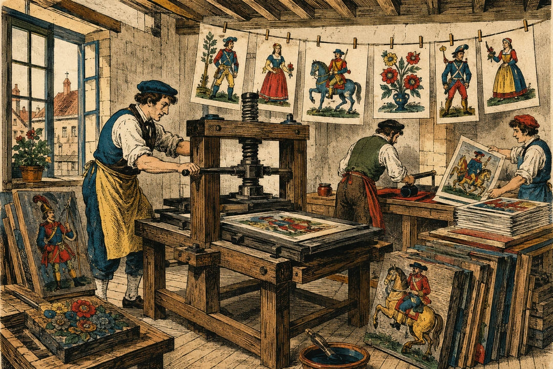 Atelier d'imagerie populaire au XIXe siècle, presse et planches séchant