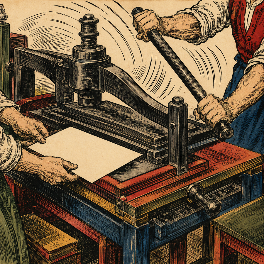 Presse à bras en action, feuille pressée, style imagerie d'Épinal